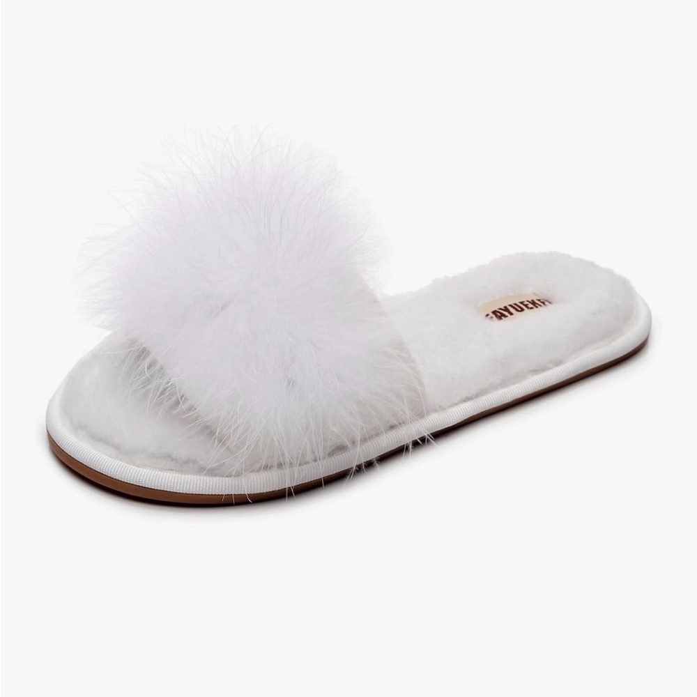 White Fuzzy Slide Slippers- Perfect for Bride